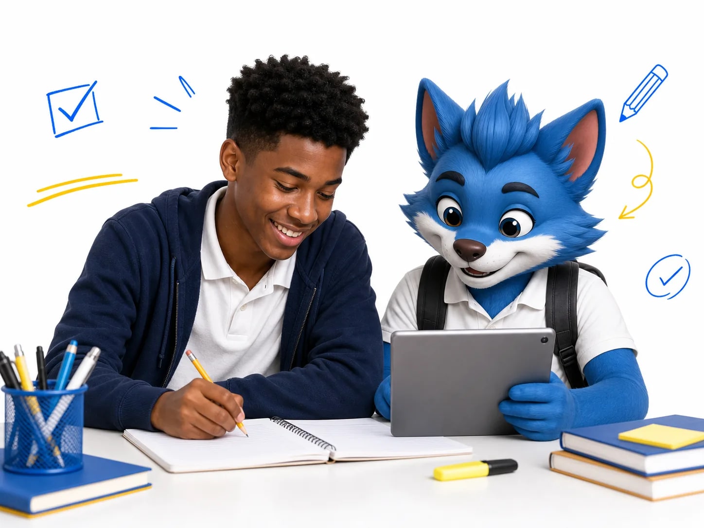 Student and Luma practicing with notes and a tablet back visible