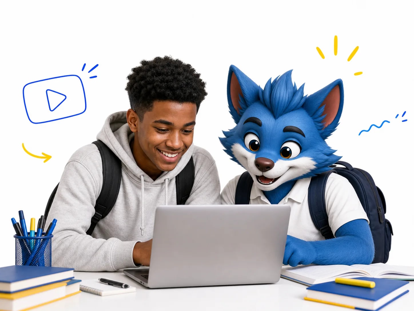 Student and Luma watching a lesson from the back of a laptop