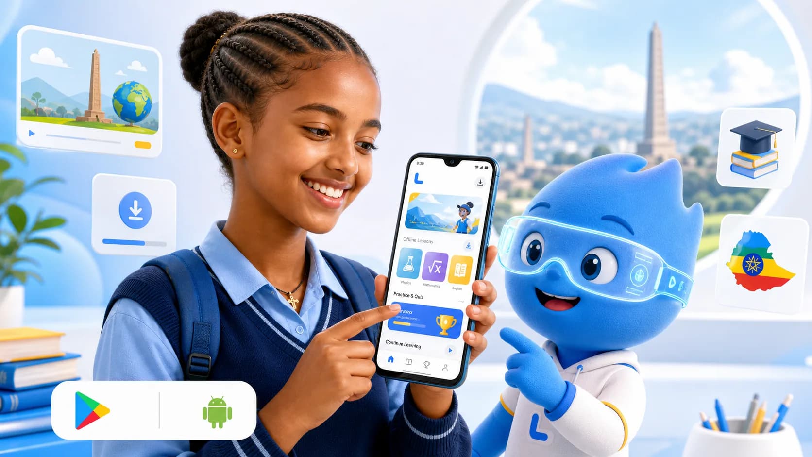 Ethiopian girl student using the LucyBridge Android app with Luma wearing AR glasses